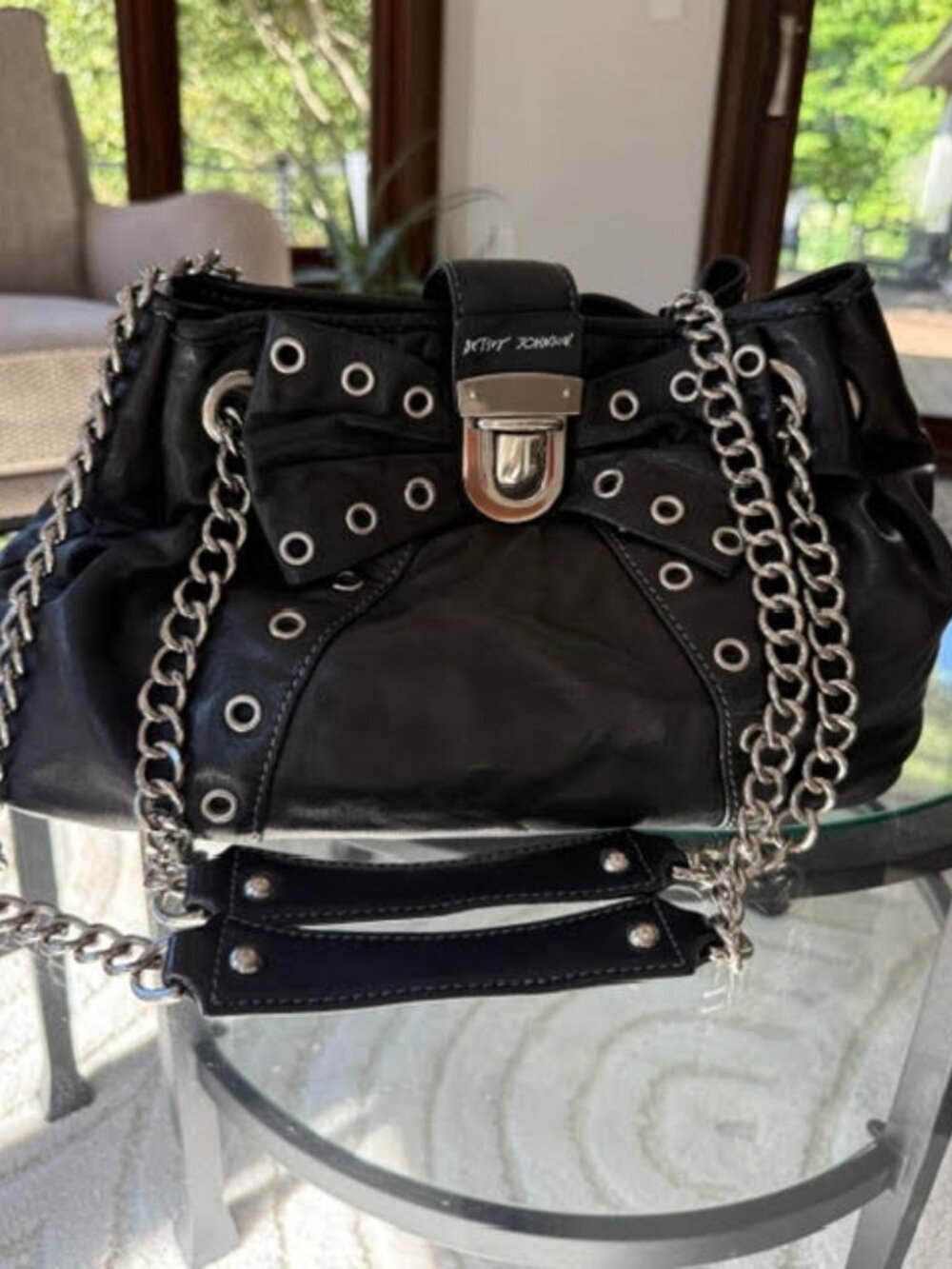 Betsey Johnson Bows & Arrows Black Leather Satchel Hobo Bag Vintage Y2K EUC